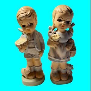 Boy & Girl Figurines Ceramic Big Eyes Pigtails Hat Rabbits Pig Baskets Flower